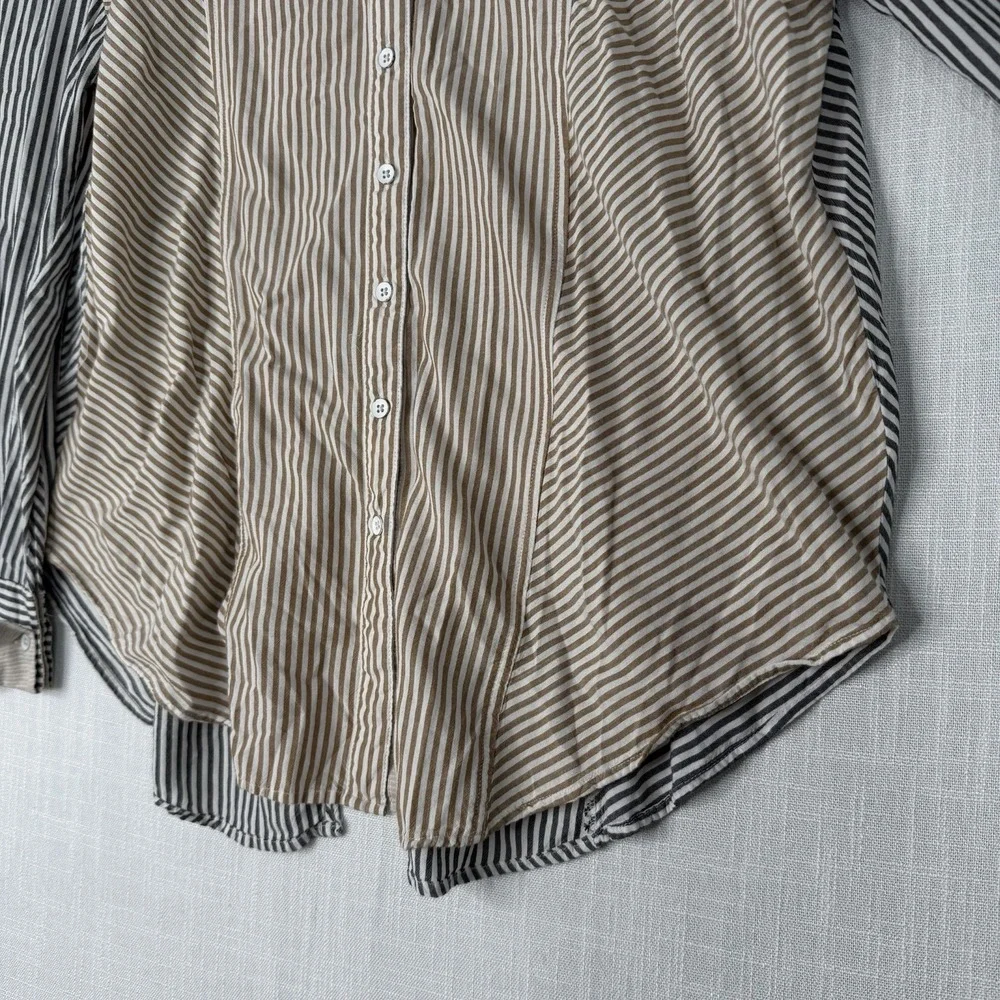Free People Ivory Striped 100% Cotton Button Down Long Sleeve Blouse Sz S Petite